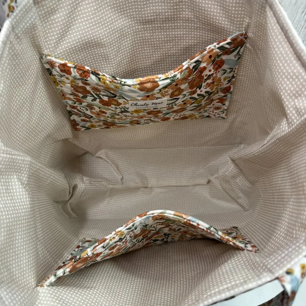 Quilted Floral Garden Tote Bag Denim Accent : Matching Zipper Pouch Included